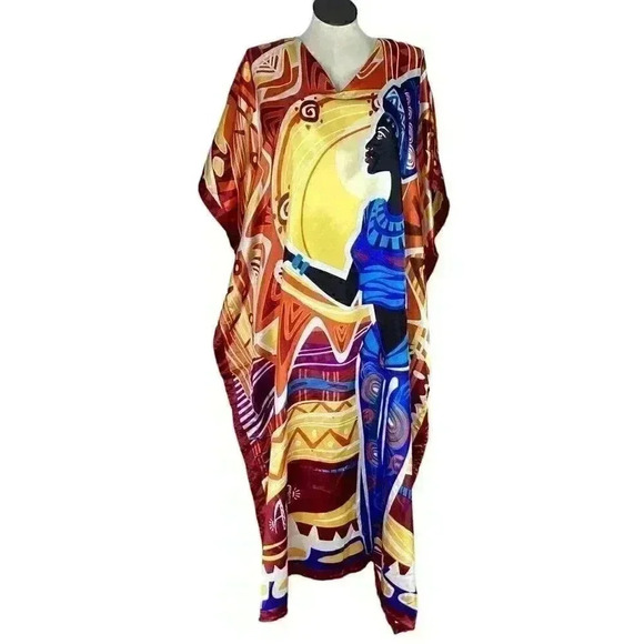 Winlar Womens OSFM African Princess Tribal Print Caftan Maxi Dress Multicolor - Picture 2 of 8